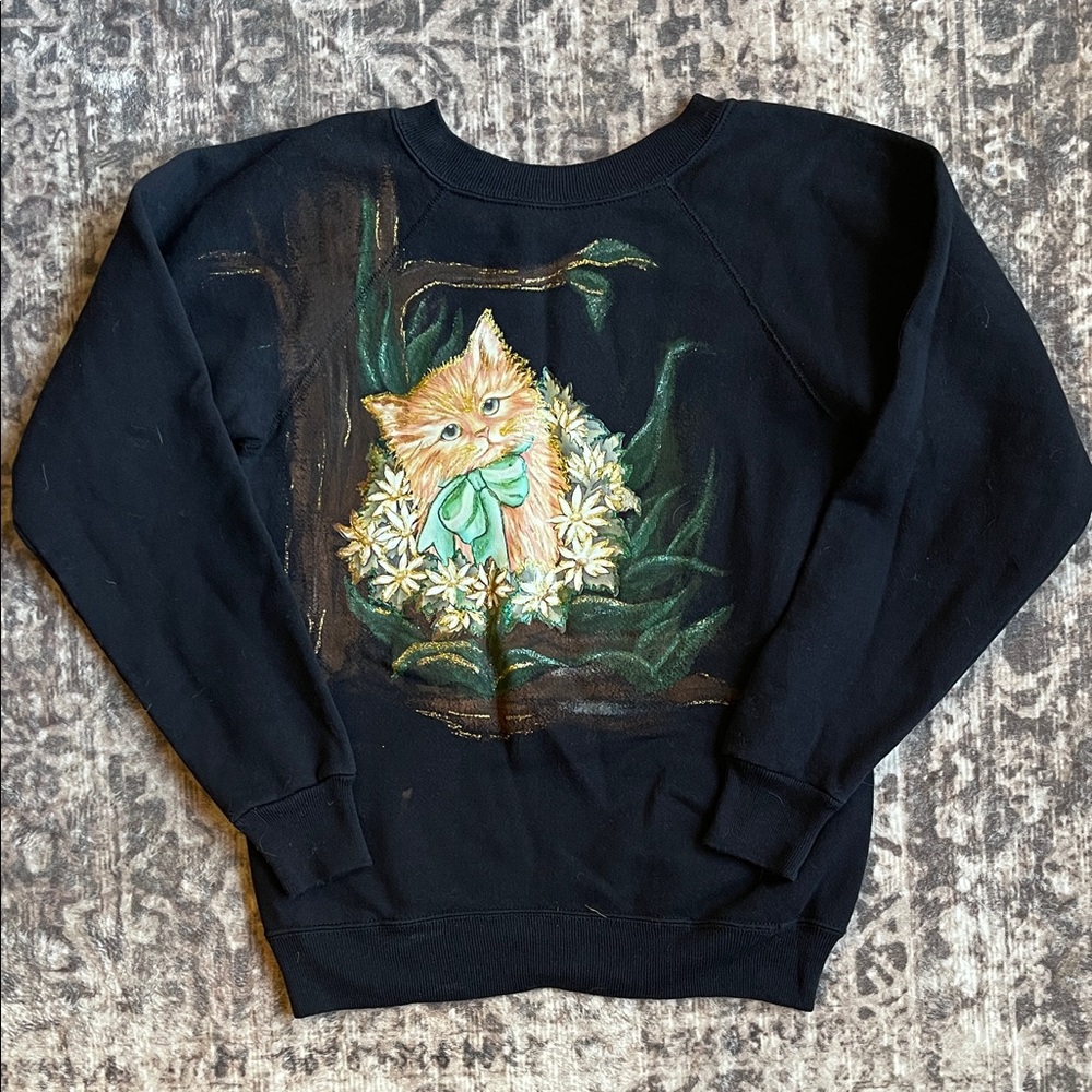 Vintage 1980s Black Sweatshirt with glittery Cat & and Floral Design
